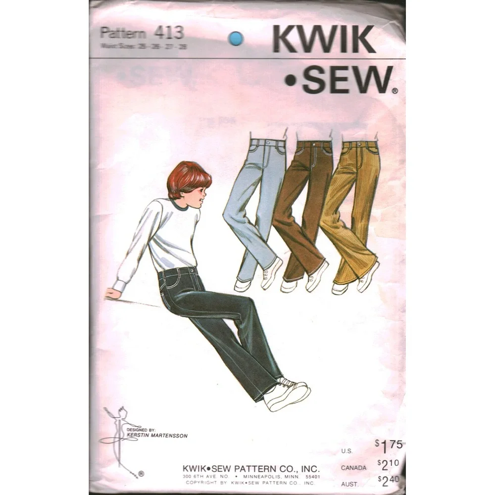 Vintage Kwik Sew 413 Junior Boys Jeans Sewing Pattern Waist 25 Flared Straight